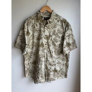 Woolrich Mens XL Short Sleeve Button Down Shirt Tropical Palm Sailboat Tan Green
